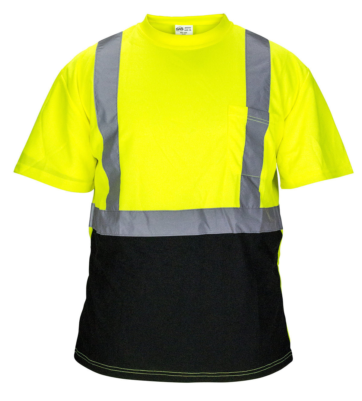 SAS Safety Lime Reflective Black Bottom T-Shirt, Class 2 Yellow with 2" Reflective Tape